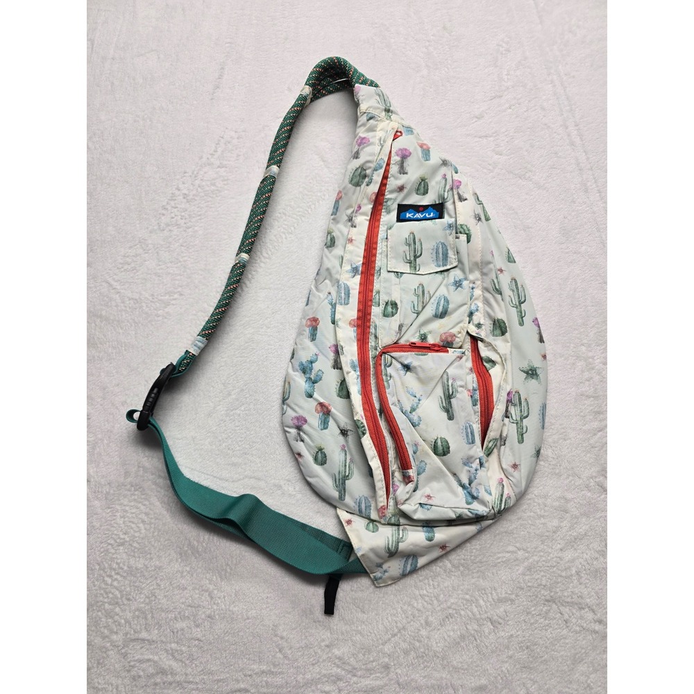 KAVU Rope Sling Bag Cactus Print Crossbody Backpack White Green Red OS